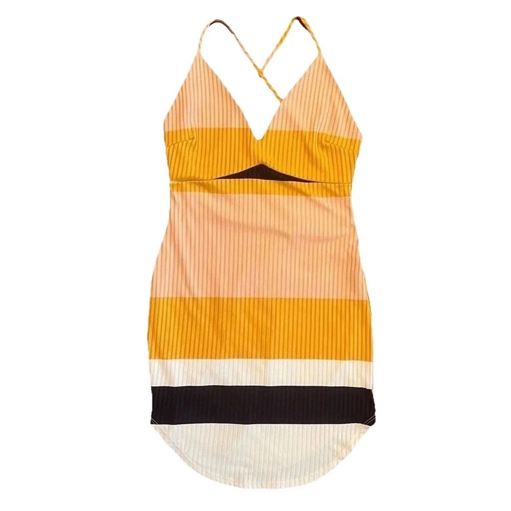 Privy Striped Bodycon Mini Dress Orange‎ Peach Cutout V-Neck Ribbed Size M